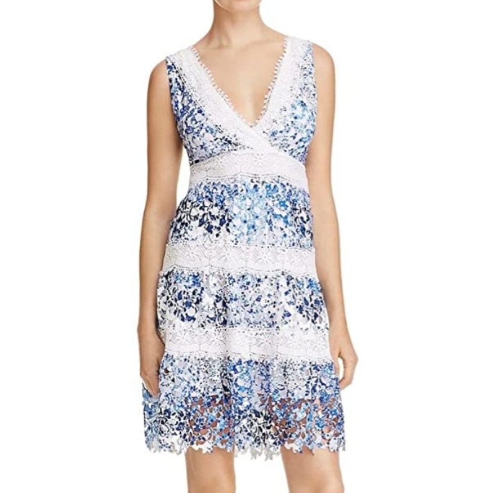 T TAHARI BLUE & WHITE RAYA DRESS,